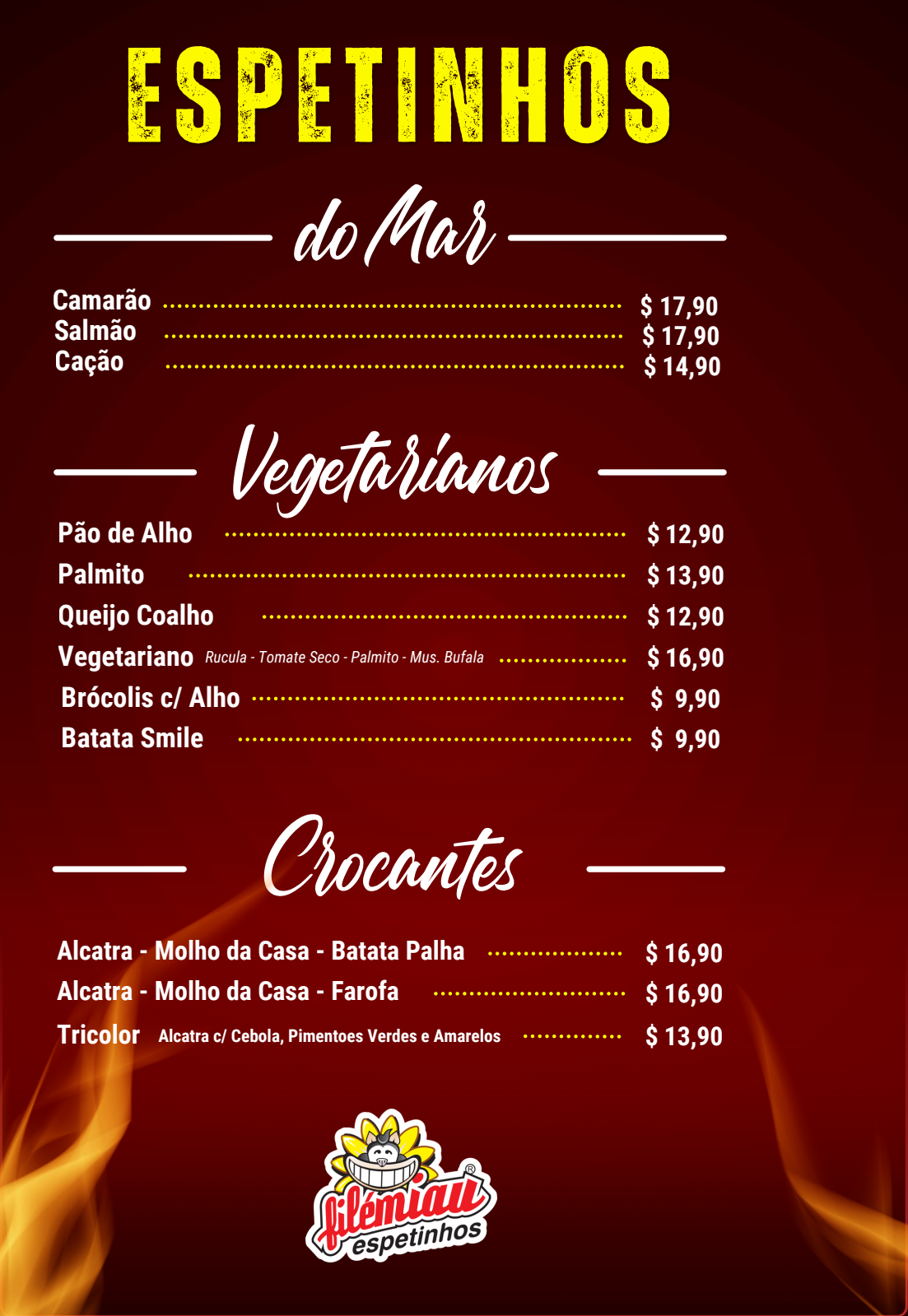 Cardápio FiléMiau - espetinhos do mar, vegetarianos e crocantes